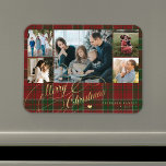 God jul fotokollage Rustic plaid Magnet<br><div class="desc">Elegant snyggt God jul faux guld klassiskt calligraphy-skript fem familjeflytt grönt plaid tartan rustic magnet med anpassningsbarnas personlig text.</div>