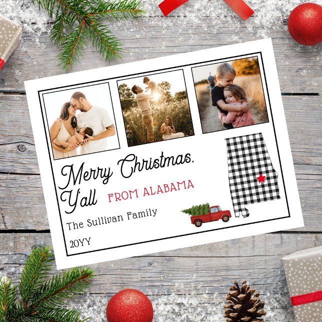 God jul från Alabama Photo Helgdag Helg Vykort (Rustic "Merry Christmas Y'all from Alabama" Three Photo and State Holiday Postcard)