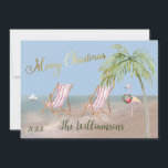 God jul från Beach Handflatan Träd Flamingo Kort<br><div class="desc">God jul på denna vackra Watercolor Beach - fredlig och skonsam scen med två strandstolar - vänlig flamingo med underbar andedräkt - Handflatan träd med några prydnadsföremål. Finns även i olika pappra viktangivelser - ditt val. Alla designfrågor skickar bara en chatta eller ett e-postmeddelande till charmdesignstudio@rcn.com, och vi är glada...</div>