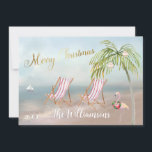 God jul från Beach Handflatan Träd Flamingo Kort<br><div class="desc">God jul på denna vackra Watercolor Beach - fredlig och skonsam scen med två strandstolar - vänlig flamingo med underbar andedräkt - Handflatan träd med några prydnadsföremål. Finns även i olika pappra viktangivelser - ditt val. Alla designfrågor skickar bara en chatta eller ett e-postmeddelande till charmdesignstudio@rcn.com, och vi är glada...</div>