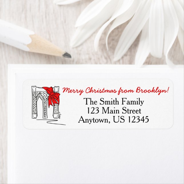 God jul från Brooklyn New York Bridge NYC Returadress Etikett (Insitu)