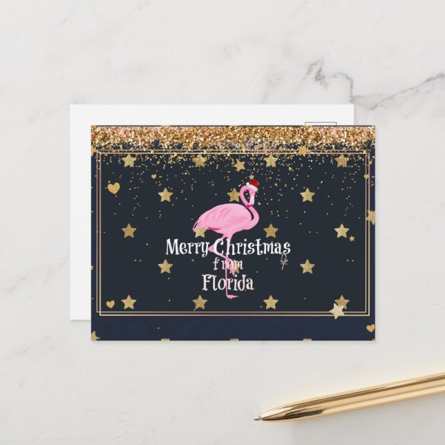God jul från Florida, Tomte Flamingo Vykort (Fram/Back In Situ)