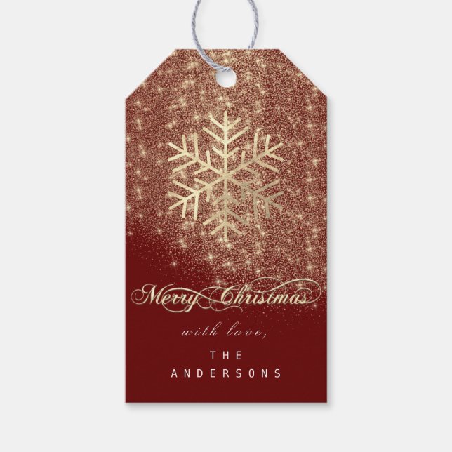 God jul från Gift Burgundy Guld Snowflake Presentetikett (Framsidan)