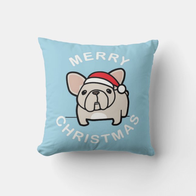 God jul från kräm- Santa Frenchie - blått Kudde (Framsida)