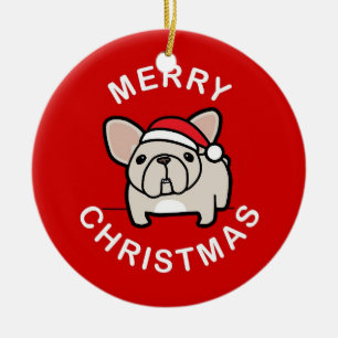 God jul från kräm- Santa röda Frenchie - Julgransprydnad Keramik