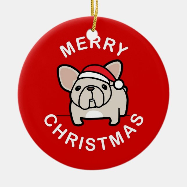 God jul från kräm- Santa röda Frenchie - Julgransprydnad Keramik (Framsidan)