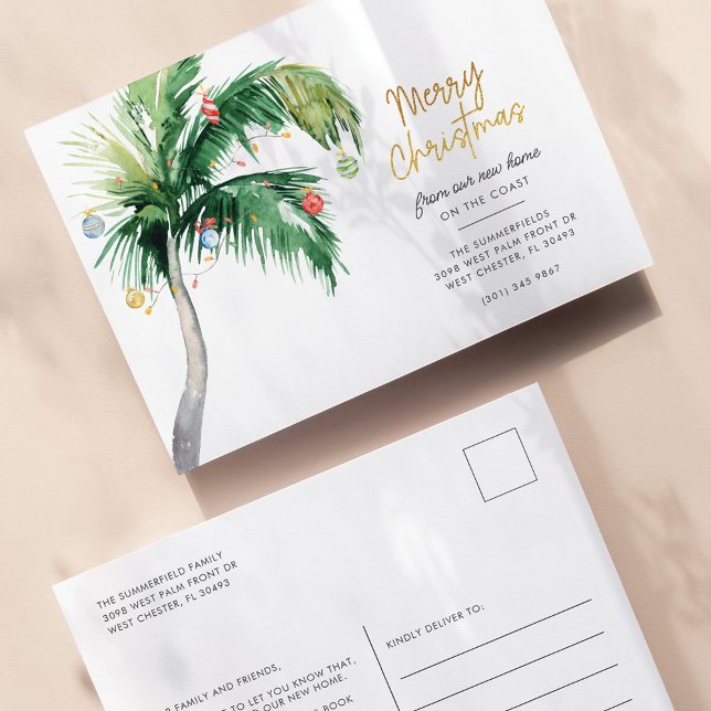 God jul från Kusten Helgdag Flytta Meddelande Vykort (Palm Tree Script Christmas New Address Announcement Postcard)