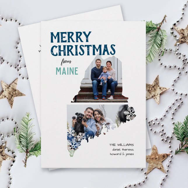 God jul från Maine Två Foto Julkort (From Maine with love two photo Christmas holiday card for families, moving announcement )