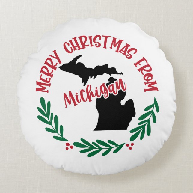 God jul från Michigan US Red Grönt Rund Kudde (Framsidan)