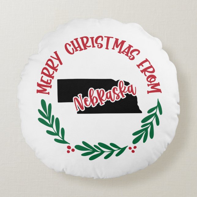 God jul från Nebraska US Red Grönt Rund Kudde (Framsidan)