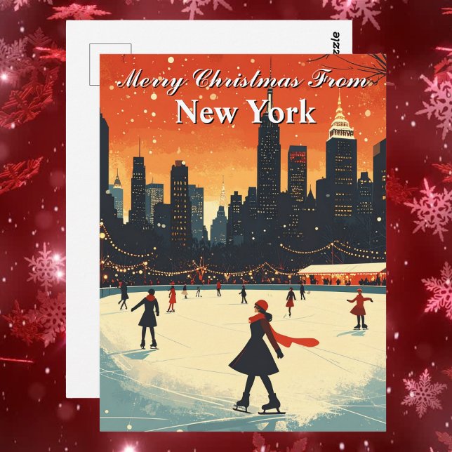 God jul från New York Ice Skating Winter Vykort (Merry Christmas from New York Ice Skating Winter Postcard)