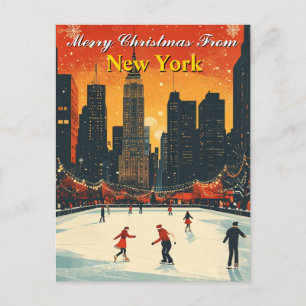 God jul från New York Retro Ice Skating Vykort