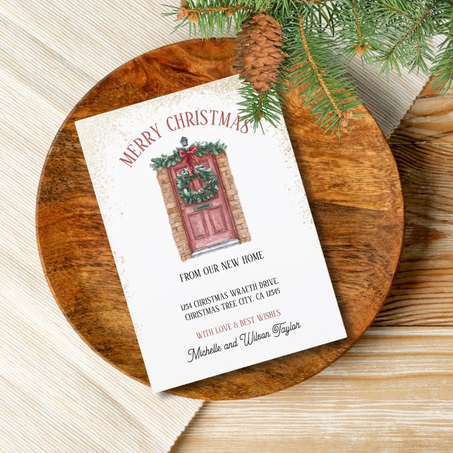 God jul från ny utandning vid hemmet meddelande (christmas tree wreath on the red door)