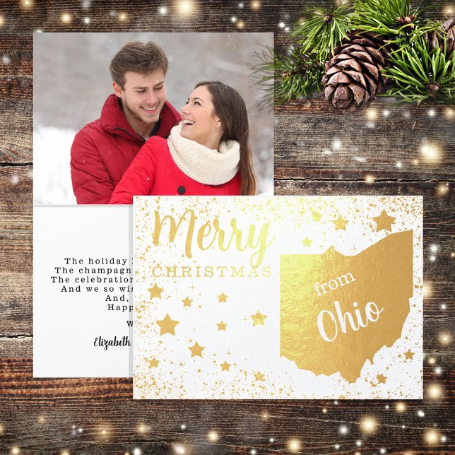 God jul från Ohio State Photo Folierat Kort (Show pride in your state and share Christmas greetings in style with gold foil photo folded cards.)