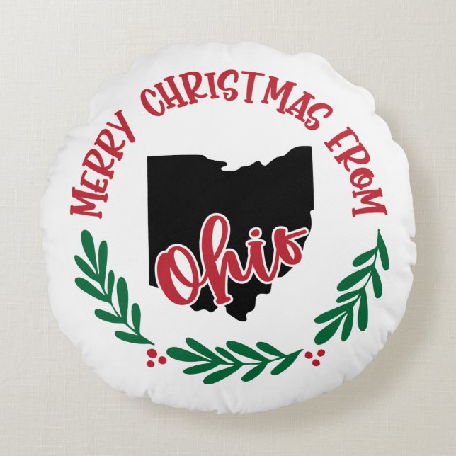 God jul från Ohio US Red Grönt White Rund Kudde (Framsidan)