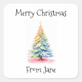 God jul från Rainbow Watercolor Träd Fyrkantigt Klistermärke