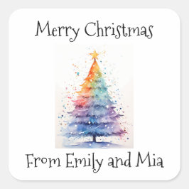 God jul från Rainbow Watercolor Träd Fyrkantigt Klistermärke