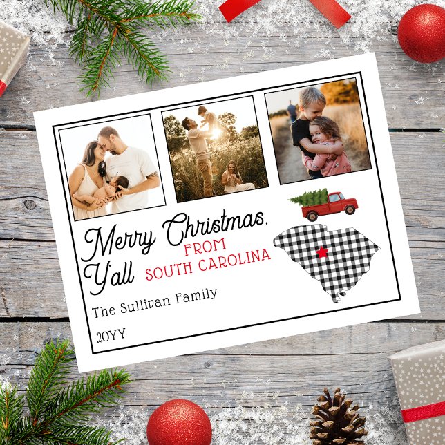 God jul från South Carolina Photo Helgdag Helg Vykort (Rustic "Merry Christmas Y'all from South Carolina" Three Photo and State Holiday Postcard)