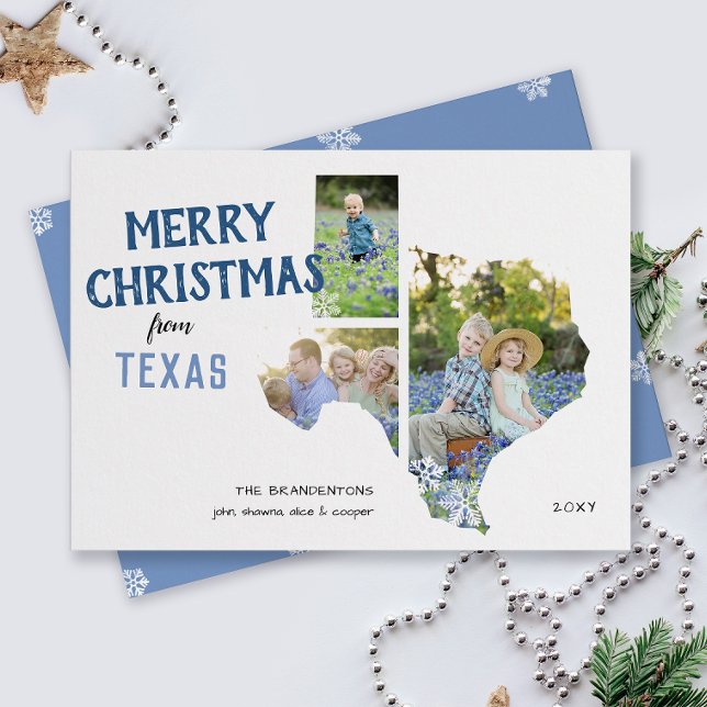 God jul från Texas Three Photo Card (From the state of Texas with love three photo Christmas holiday card and moving announcement)