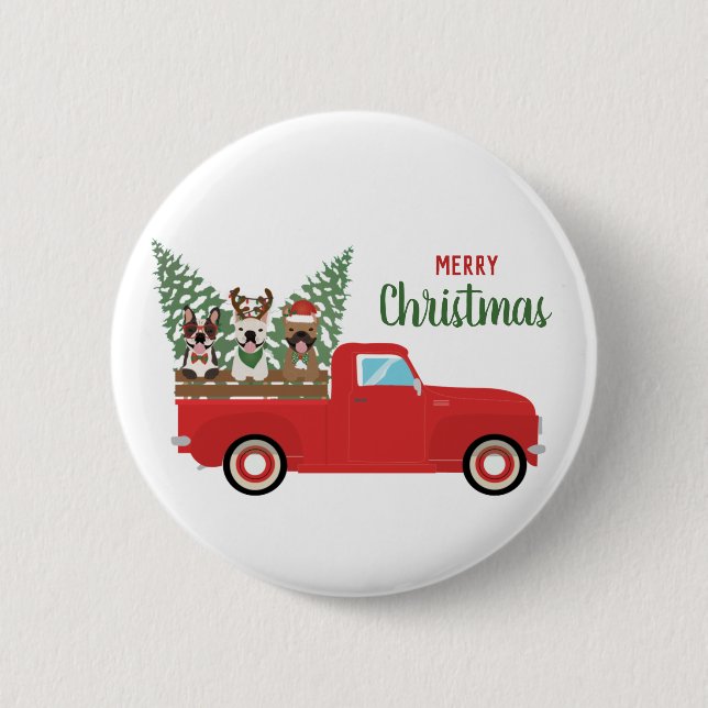 God Jul Franska Bulldoggar Röd Pickup Knapp (Framsida)