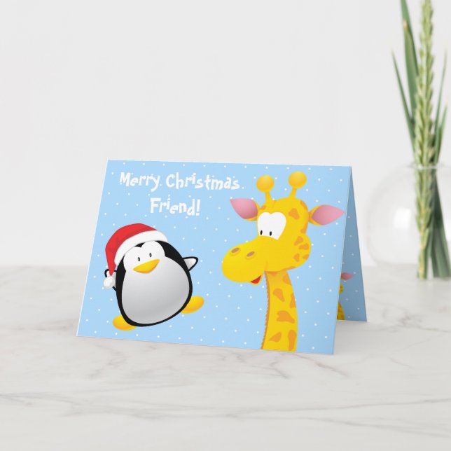 God jul Friend Cute Penguin & Giraffe Helgkort (Framsida)