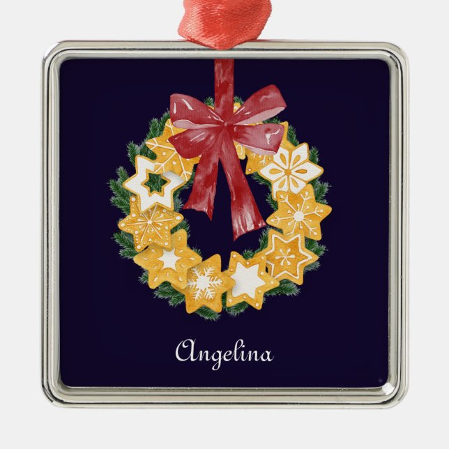 God jul, frisk krans med marinblå bakgrund julgransprydnad metall (Framsidan)