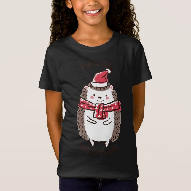 God jul Funny Cute Hedgehog Santa Hat Star T Shirt (Framsida)