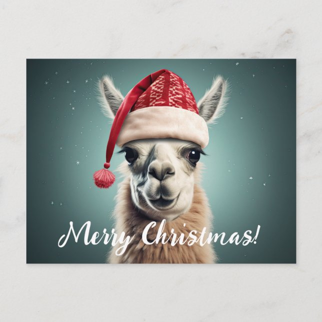 God jul Funny Cute Lllama Alpaca Santa Hat Helg Vykort (Framsida)
