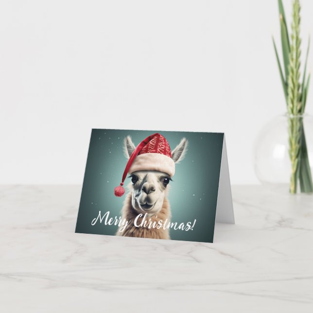 God jul Funny Cute Lllama Alpaca Santa Hat Helgkort (Framsida)