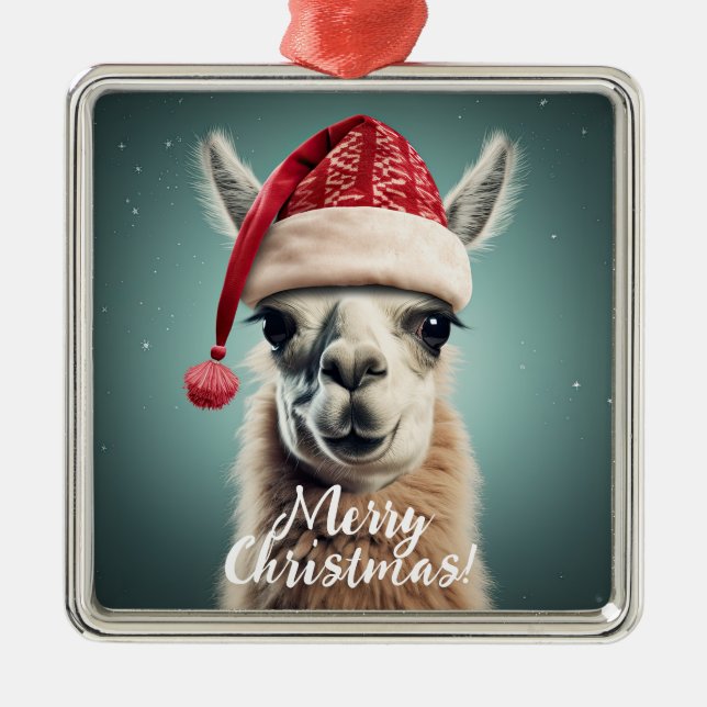God jul Funny Cute Lllama Alpaca Santa Hat Julgransprydnad Metall (Framsidan)