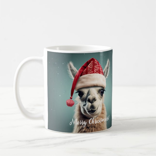 God jul Funny Cute Lllama Alpaca Santa Hat Kaffemugg (Vänster)