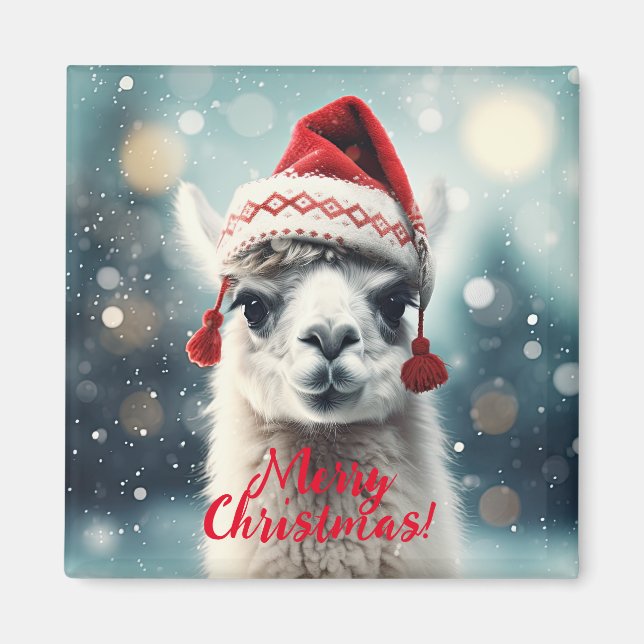 God jul Funny Cute Lllama Alpaca Santa Hat Magnet (Framsidan)