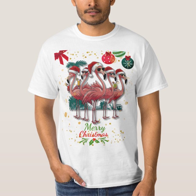 God jul Funny Flamingo med solglasögon T Shirt (Framsida)