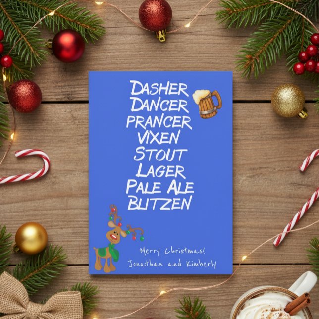 God jul Funny Reindeer Namn Beer Julkort (Skapare uppladdad)