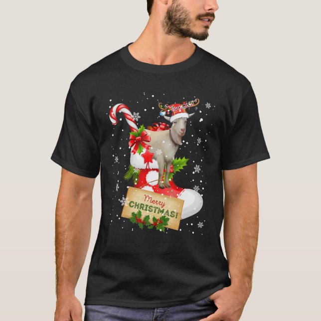 god jul Funny Santa Reindeer Goat in Sock T Shirt (Framsida)