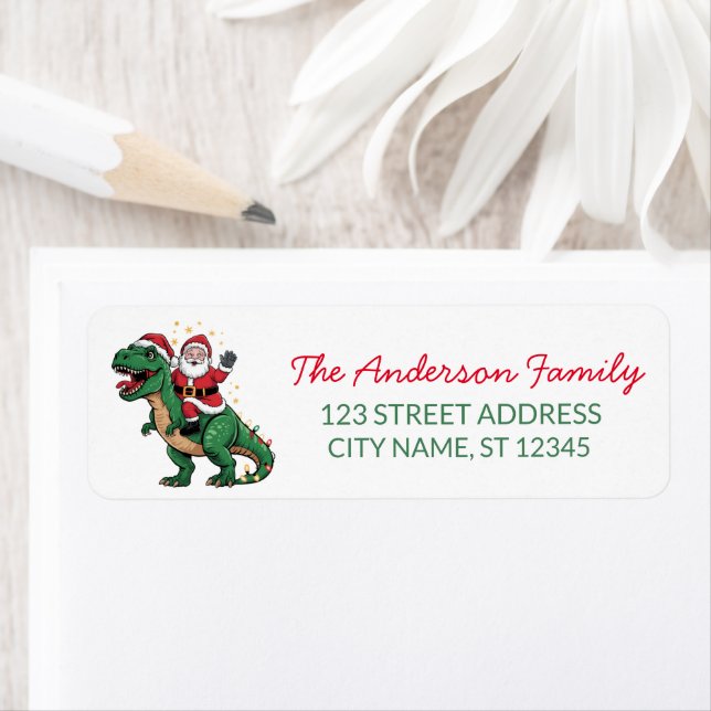 God jul Funny Santa rider på dinosaur Returadress Etikett (Insitu)