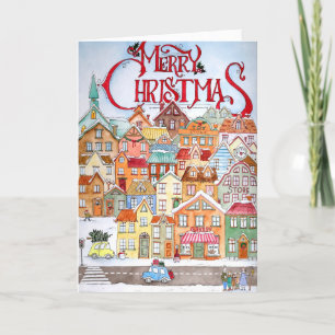 God jul Funny Whimsical Cute Winter Town Helgkort