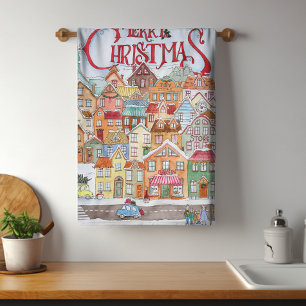 God jul Funny Whimsical Cute Winter Town Kökshandduk