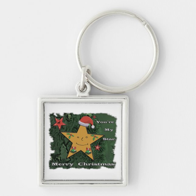 God jul fyrkantig silverfärgad nyckelring (Framsidan)