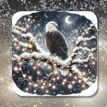 God jul fyrkantigt klistermärke<br><div class="desc">En söt vattenfärgad bild av en örn sitta i en träd-fullt av den vita jultomten ljus med måne som skuggar i bakgrunden.</div>