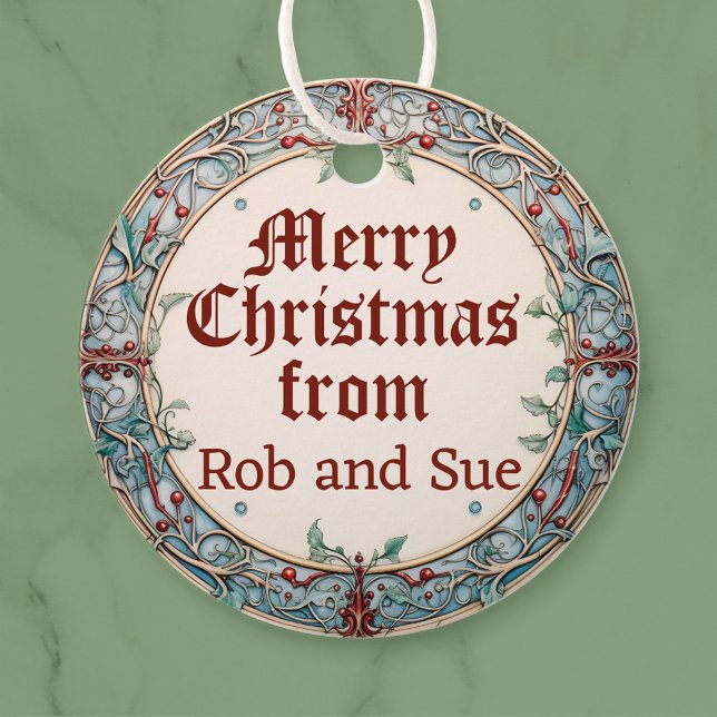 God jul gåvor etiketter (A Christmas wreath gift tag with personalised names is shown.)