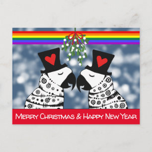 god jul Gay Parrots under Mistletoe Vykort