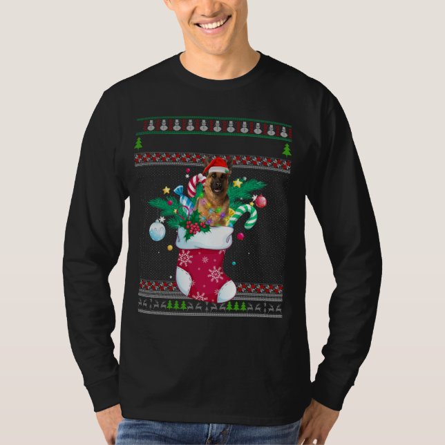 God jul German Shepherd Hund in Sock Funny T Shirt (Framsida)