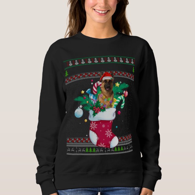 God jul German Shepherd Hund in Sock Funny T Shirt (Framsida)