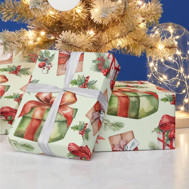 God jul Gift Box Holly Berries Red Bow Presentpapper (Helgdagar)