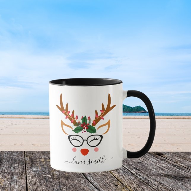 God jul Gift Cute Reindeer Ansikte Black Mugg (Skapare uppladdad)