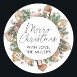 God jul Gift-etiketten Rustic Neutralt Sticker Runt Klistermärke<br><div class="desc">God jul Round Gift Sticker-etiketter med gröna hus och neutralter och presentgrafik. Den här fina julklappsetiketten är den perfekt som avslutar ett drag att lägga till i Julklapp i år.</div>