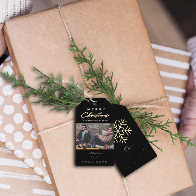 God jul Gift Photo Black Grått Guld Snö Presentetikett (Merry Christmas Gift Photo Black Gray Gold Snow Gift Tags )