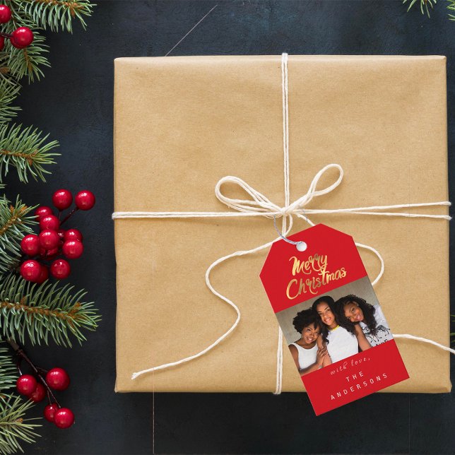 God jul Gift Photo Red Guld Snöflingor Presentetikett (Merry Christmas Gift Photo Red Gold Snowflakes Gift Tags)
