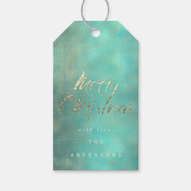 God jul Gift till Guld Mint Turcoise Burlap Presentetikett (Framsidan)